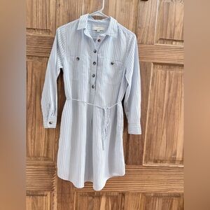 LOFT Light Blue and White Striped Midi Shirt Dress